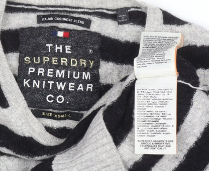 Superdry Womens Black Grey Striped Wool Blend Crew Neck Jumper XS