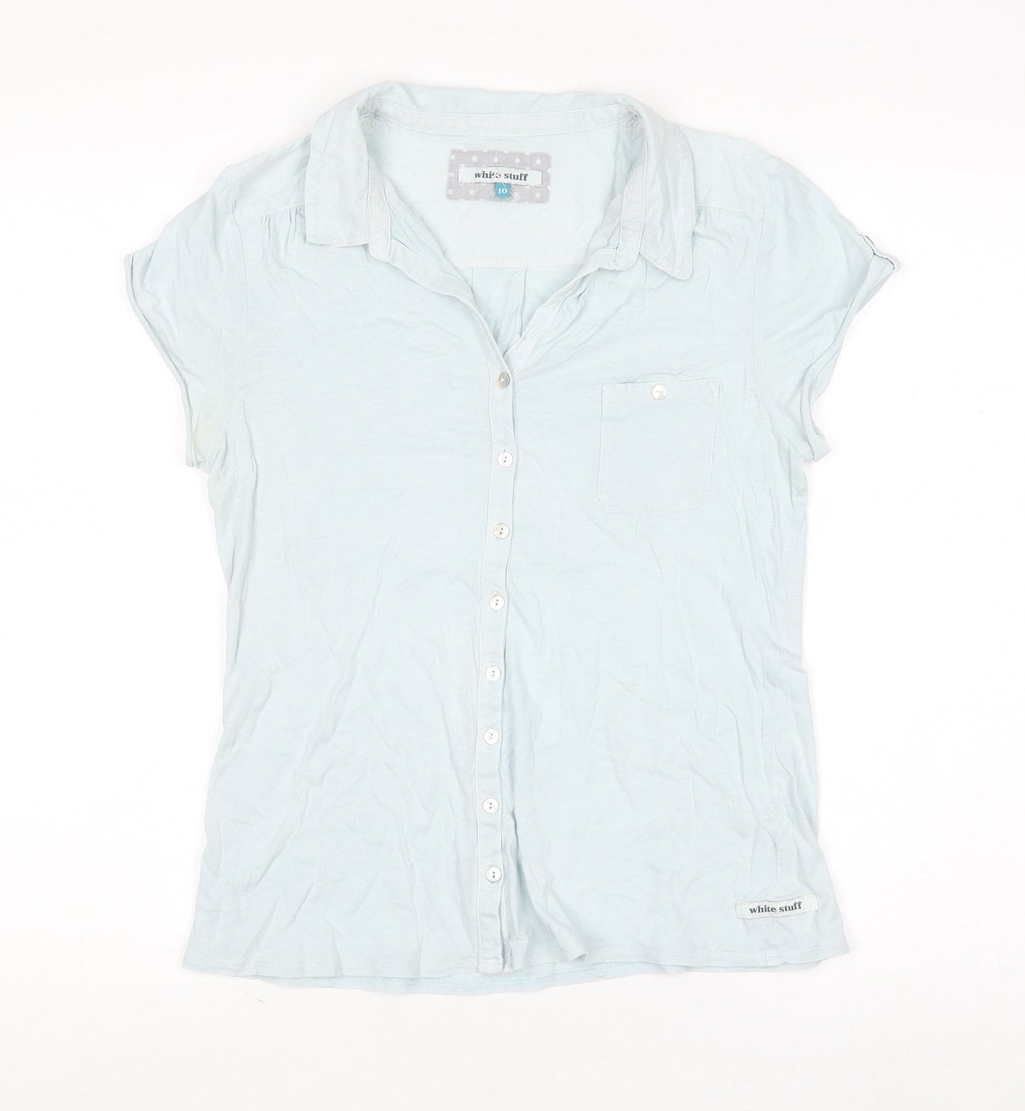 White Stuff Women’s Ice Blue Cotton Short Sleeve Button-Up Shirt Size 10