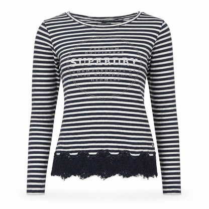 Superdry Women's Blue Striped Lace Hem Long Sleeve T-Shirt Size 10