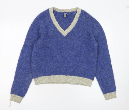 CULTURE Women's Blue V-Neck Chunky Knit Wool Blend Jumper XS