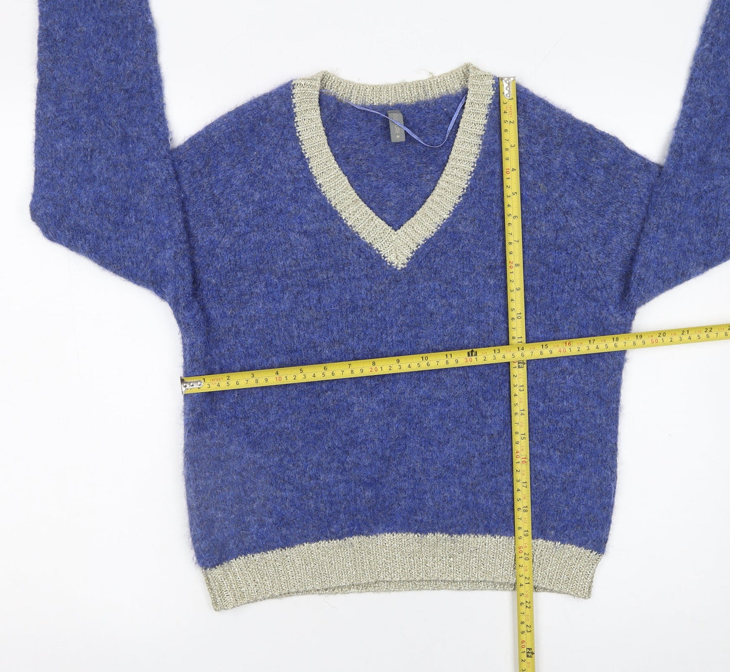 CULTURE Women's Blue V-Neck Chunky Knit Wool Blend Jumper XS