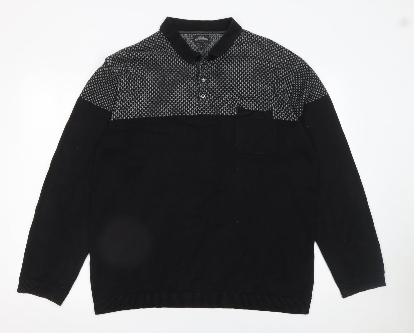 Next Men's Black XL Long Sleeve Geometric Knit Polo Shirt