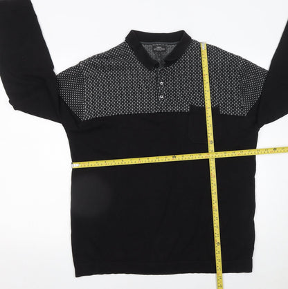 Next Men's Black XL Long Sleeve Geometric Knit Polo Shirt