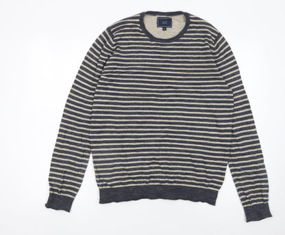 John Lewis Men's Blue Striped Cotton Crew Neck Jumper Size S