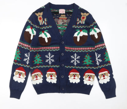 George Mens Blue Christmas Cardigan Medium Reindeer Santa Knit