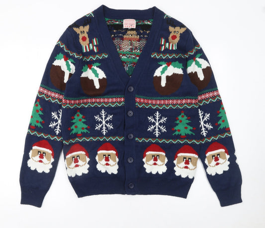 George Mens Blue Christmas Cardigan Medium Reindeer Santa Knit