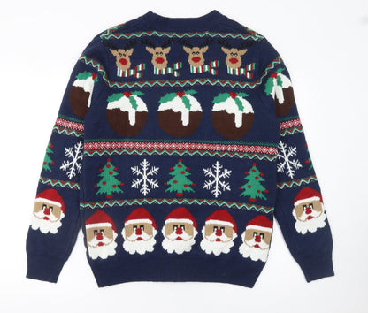 George Mens Blue Christmas Cardigan Medium Reindeer Santa Knit
