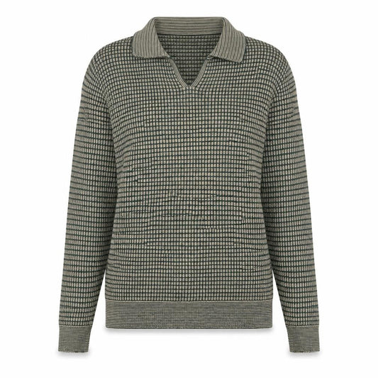 Front view of Jaeger women’s green collared wool jumper, size UK 10