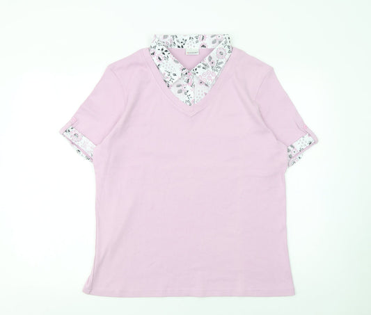 Damart Women Pink Floral Collar V-Neck Cotton T-Shirt Size L