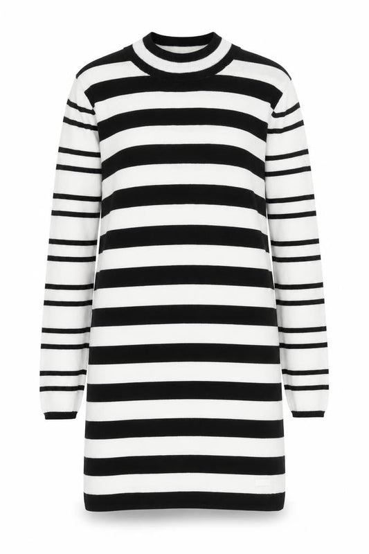 Front view of Only Women’s Black White Striped Knit Sweater Dress, size M