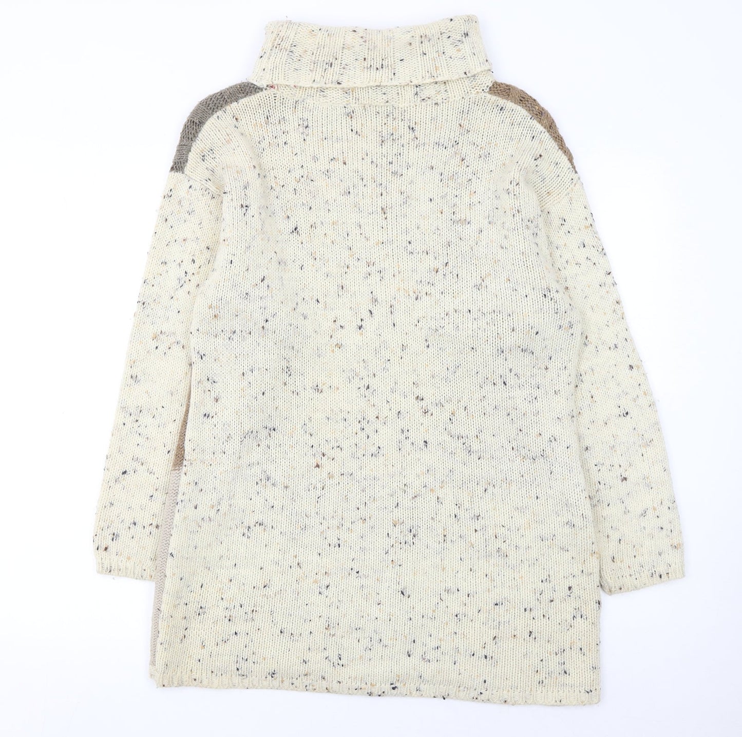 Canda Women's Beige Patchwork Roll Neck Cable-Knit Jumper Size S