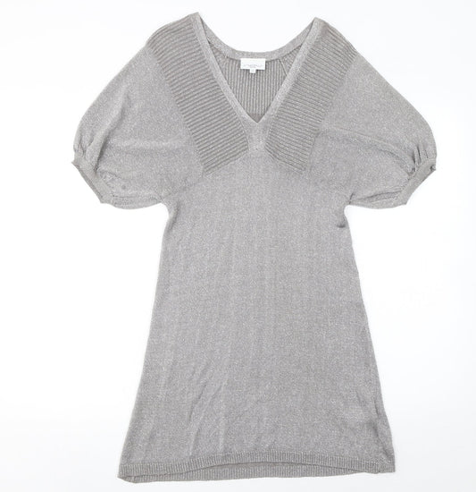 New Look Women’s Grey Metallic Knit V-Neck Shift Dress Size 10