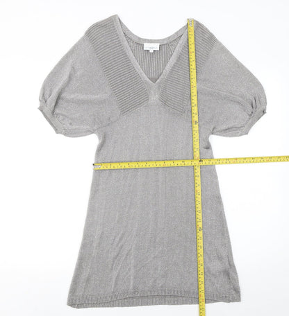 New Look Women’s Grey Metallic Knit V-Neck Shift Dress Size 10