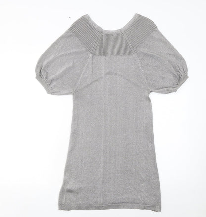 New Look Women’s Grey Metallic Knit V-Neck Shift Dress Size 10