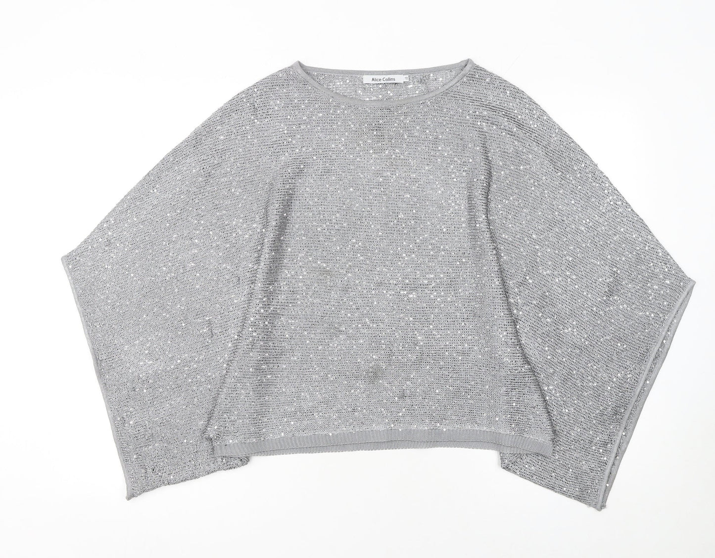 Alice Collins Women Silver Sequin Knit Cape Jumper Size 10