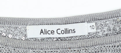 Alice Collins Women Silver Sequin Knit Cape Jumper Size 10