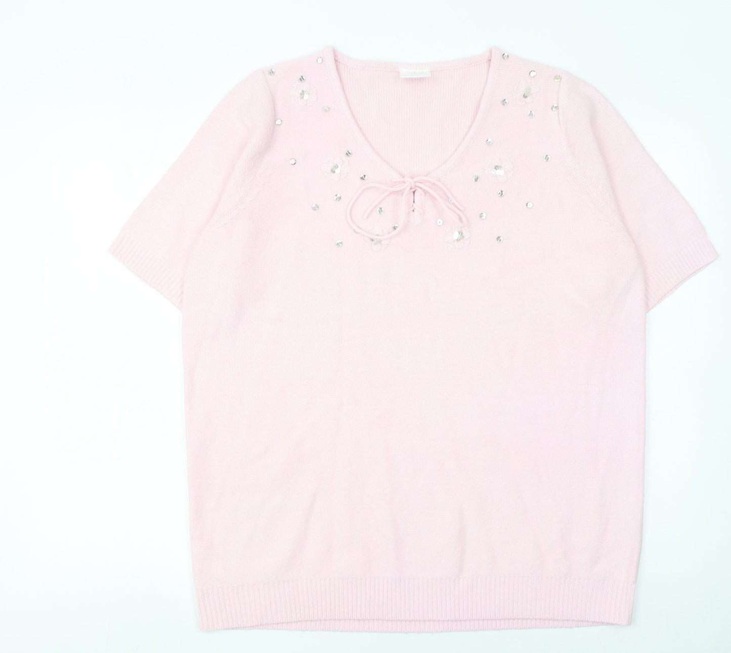 Being Casual Women's Pink Short Sleeve V-Neck Sequin Jumper Size 16