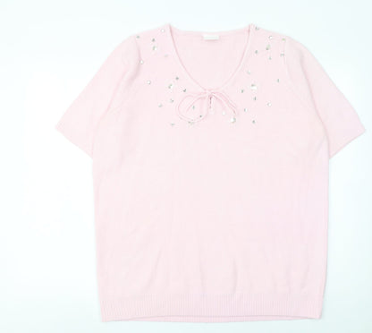 Being Casual Women's Pink Short Sleeve V-Neck Sequin Jumper Size 16