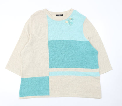 BM Collection Women’s Beige Green Block Knit Jumper L