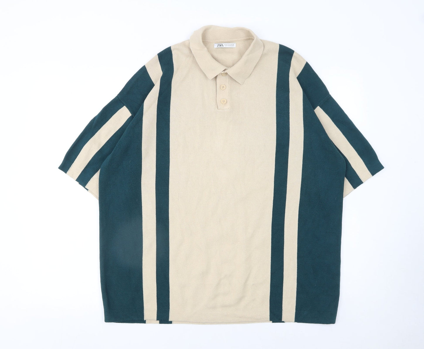 Zara Men's Beige & Green Striped Cotton Polo Shirt XL Relaxed Fit