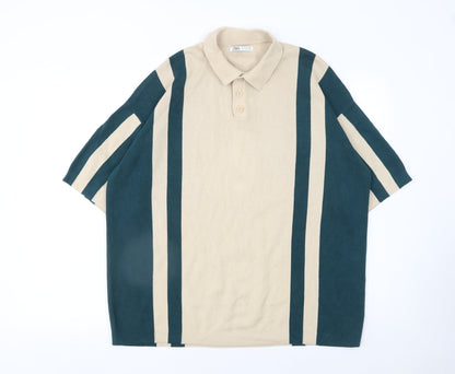 Zara Men's Beige & Green Striped Cotton Polo Shirt XL Relaxed Fit