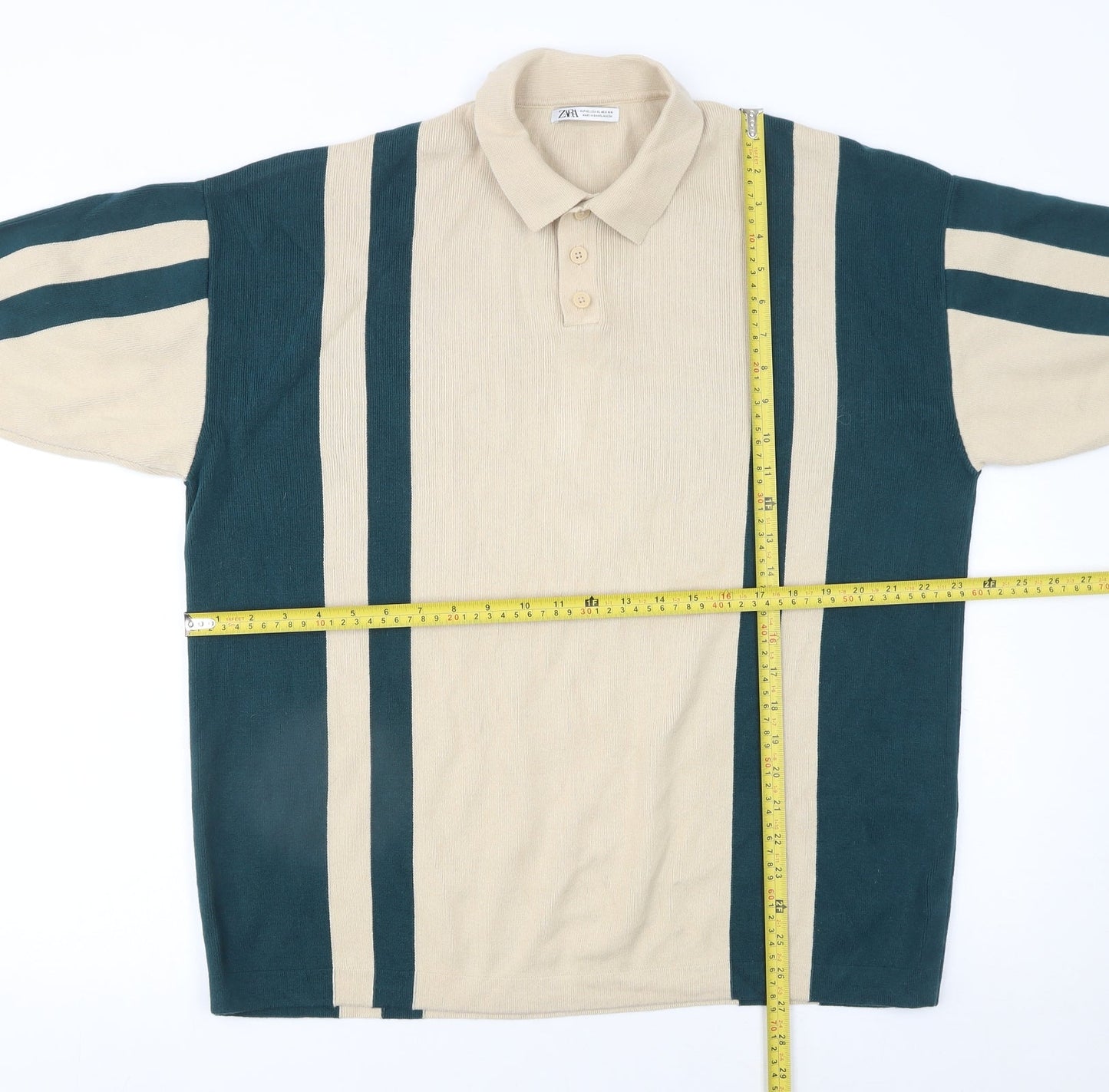 Zara Men's Beige & Green Striped Cotton Polo Shirt XL Relaxed Fit