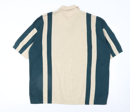 Zara Men's Beige & Green Striped Cotton Polo Shirt XL Relaxed Fit