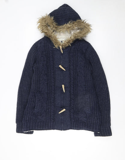 SoulCal & Co Women's Navy Fur Trim Hooded Cardigan Size 12