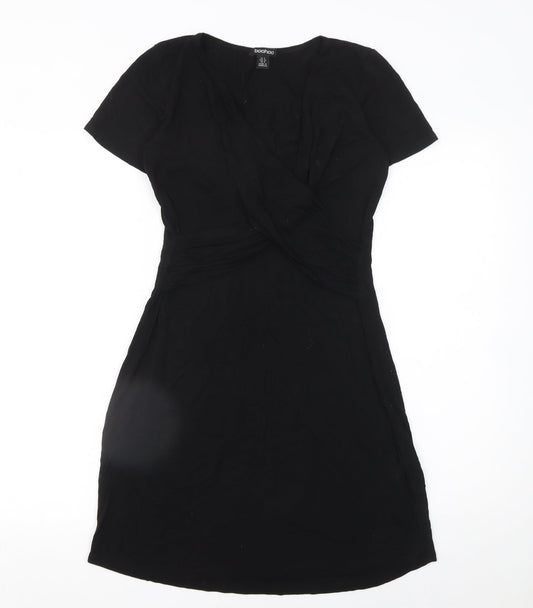 Boohoo Women Black Size 8 Wrap Dress Short Sleeve V-Neck