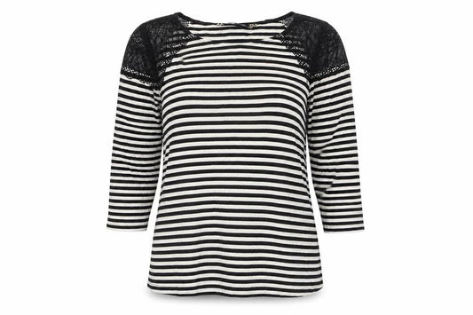 Front view of Principles by Ben de Lisi Women's Black Striped Lace Jersey Top, size 10