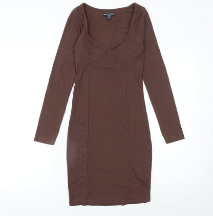 Brave Soul Women's Brown Long Sleeve Bodycon Jersey Dress XS