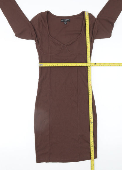 Brave Soul Women's Brown Long Sleeve Bodycon Jersey Dress XS