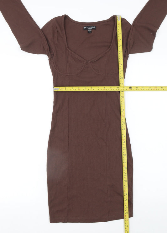Brave Soul Women's Brown Long Sleeve Bodycon Jersey Dress XS