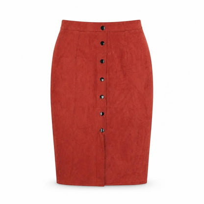 Motel Women’s Red Suede Midi Pencil Skirt UK 8 Button Front