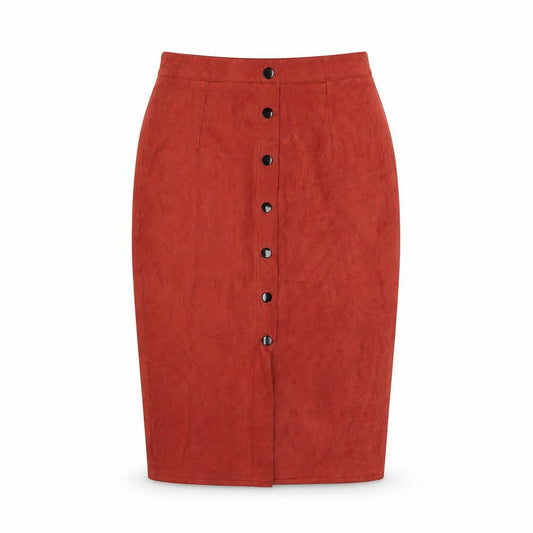 Motel Women’s Red Suede Midi Pencil Skirt UK 8 Button Front