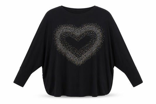 Quiz Women's Black Rhinestone Heart Long Sleeve Relaxed Top S/M