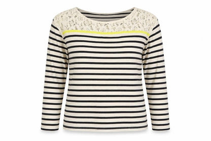 La Redoute Women’s Black & Ivory Striped Lace Long Sleeve T-Shirt UK 6/8