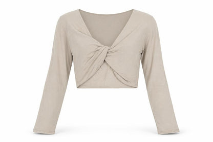 Tala Women’s Beige Long Sleeve Cropped V-Neck Twist Front Top - Size S