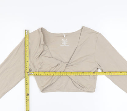 Tala Women’s Beige Long Sleeve Cropped V-Neck Twist Front Top - Size S