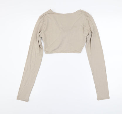 Tala Women’s Beige Long Sleeve Cropped V-Neck Twist Front Top - Size S