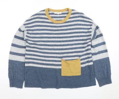 White Stuff Women's Blue Striped Wool Blend Crew Neck Jumper Size 8