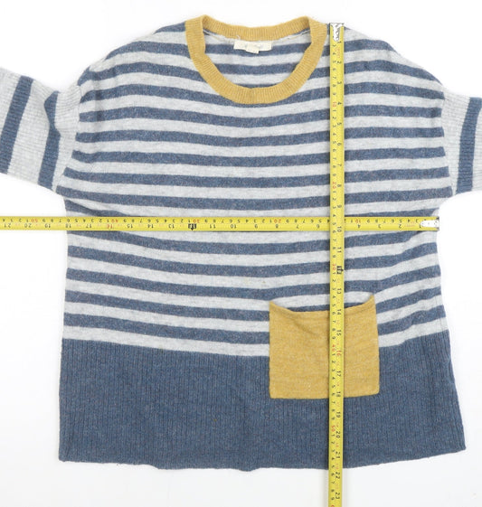 White Stuff Women's Blue Striped Wool Blend Crew Neck Jumper Size 8