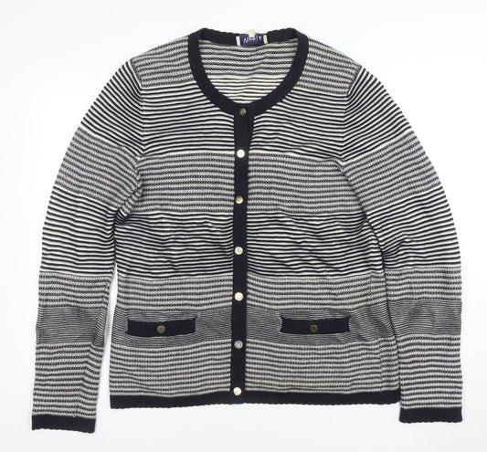 Viyella Womens Blue Striped Cotton Cardigan L Long Sleeve