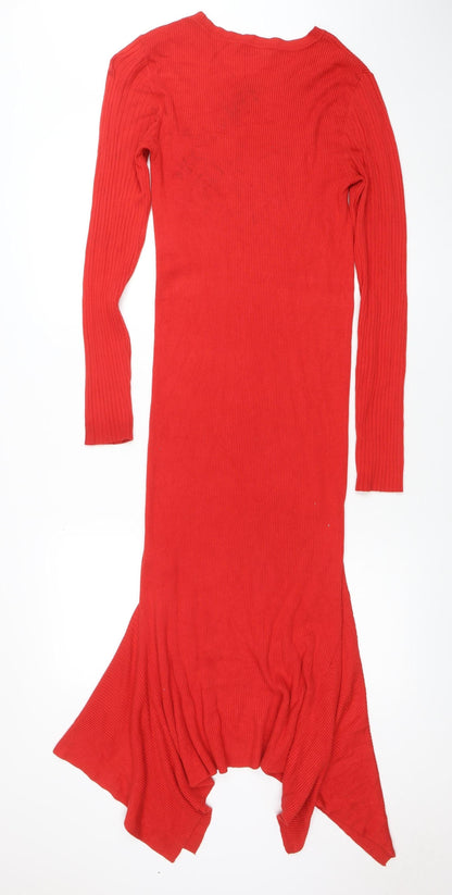 Oasis Women Red Long Sleeve Ribbed Bodycon Midi Dress L