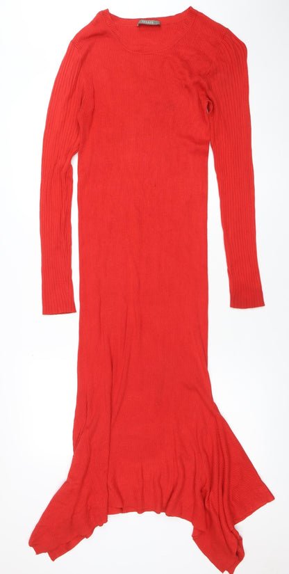 Oasis Women Red Long Sleeve Ribbed Bodycon Midi Dress L