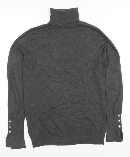 Zara Women Grey Knit Roll Neck Long Sleeve Button Accent Top M
