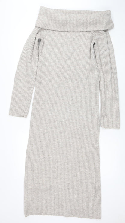 H&M Mama Beige Knit Bodycon Roll Neck Maternity Midi Dress Size 12