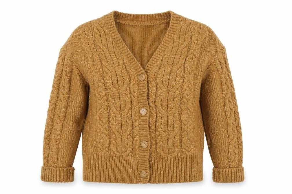 Front view of Guess Women’s Beige Cable-Knit Cardigan XS V-Neck Soft Wool Blend
