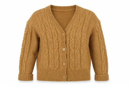 Front view of Guess Women’s Beige Cable-Knit Cardigan XS V-Neck Soft Wool Blend