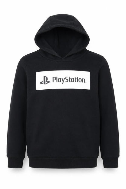 Front view of PlayStation girls’ black pullover hoodie 9-10 years graphic fleece sweatshirt
